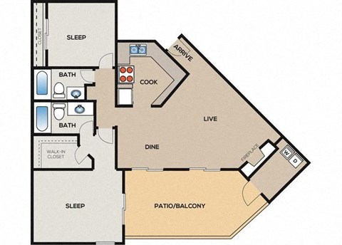 Floor plan for 2 beds, 2 baths, 1042 sqft